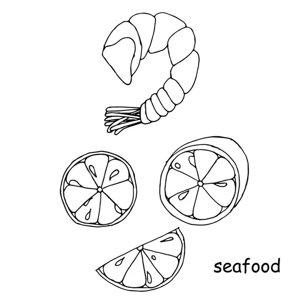 Meeresfrüchte Garnelen Garnelen Zitronenscheibe Skizze Objekte Isoliert Auf Weiß Für — Stockvektor