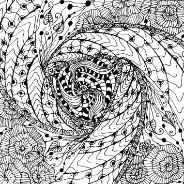 Zentangle elle çizilmiş tek renkli arka plan, stok kumaş baskı için antistress sayfa için sayfa boyama için baskı, web için illüstrasyon vektör