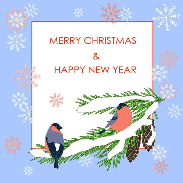 版面横幅红色圣诞快乐 新年快乐 冷杉树上的牛角白色 蓝色框架 雪花股票矢量插图打印 祝贺卡 — 图库矢量图片