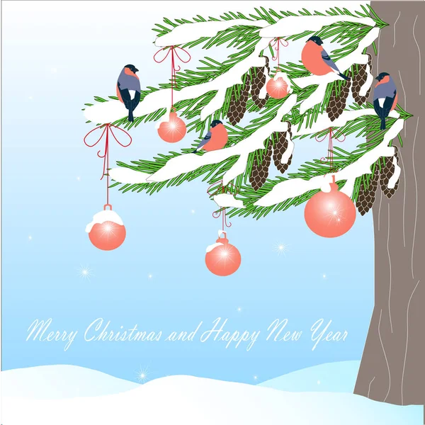 浪漫的冬天背景与绿色冷杉树 红色球 棕色锥体 圣诞快乐和新年快乐 在白色雪在蓝天手画股票向量例证为网 为打印 — 图库矢量图片