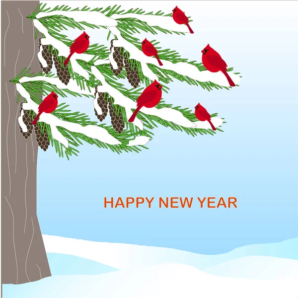 Yeşil Çam Ağacı Kırmızı Kardinal Kahverengi Koni Happy New Year — Stok Vektör