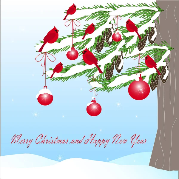 浪漫的冬天背景与绿色冷杉树 红色红衣主教 球棕色锥体 新年快乐和圣诞快乐 在白色雪在蓝天手画股票向量例证为网 为打印 — 图库矢量图片