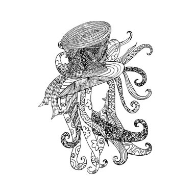 Web, baskı, t-shirt baskı için yay elle çizilmiş zentangle tek renkli tasarım öğesi hisse senedi vektör çizim ile şapkalı kız