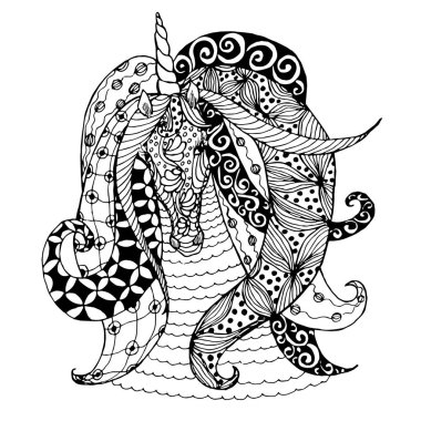 Tek renkli zentangle tarzı kroki tek boynuzlu at kafası gür yele hisse senedi vektör çizim ile