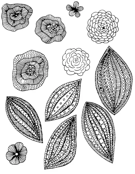 Monochroom Bloemen Doodle Set Dunne Zwarte Lijn Wit Hand Getrokken — Stockvector