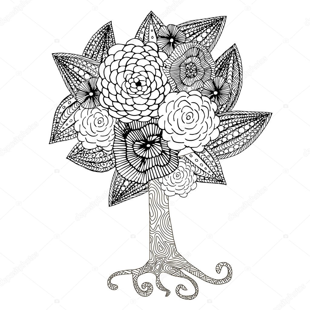 Blooming tree for coloring book, anti stress page, hand drawn design element stock vector illustration for web, for print