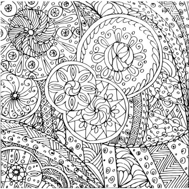 Zentangle elle çizilmiş tek renkli arka plan, stok kumaş baskı için antistress sayfa için sayfa boyama için baskı, web için illüstrasyon vektör