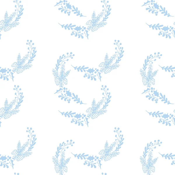 Bleu Floral Sans Couture Sur Motif Blanc Houx Sapin Cône — Image vectorielle