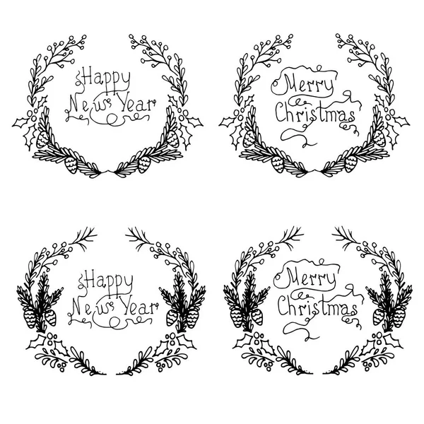 Set Christmas Wreath Lettering Merry Christmas Happy New Year Monochrome — Stock Vector