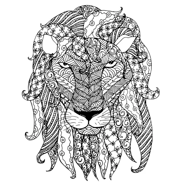 Tek renkli zentangle tarzı kroki aslan kafasının gür yele ile tasarım öğesi hisse senedi vektör çizim için web, baskı, t-shirt tasarımı için dövme için