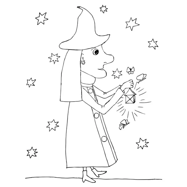 Femme Naine Avec Une Lampe Poche Croquis Monochrome Étoiles Élément — Image vectorielle