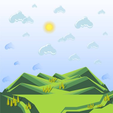 Çizgili yeşil dağ manzarası, mavi gökyüzü, bulutlar, sarı güneş, Lorem Ipsum, modern düz tasarım öğesi web, baskı için