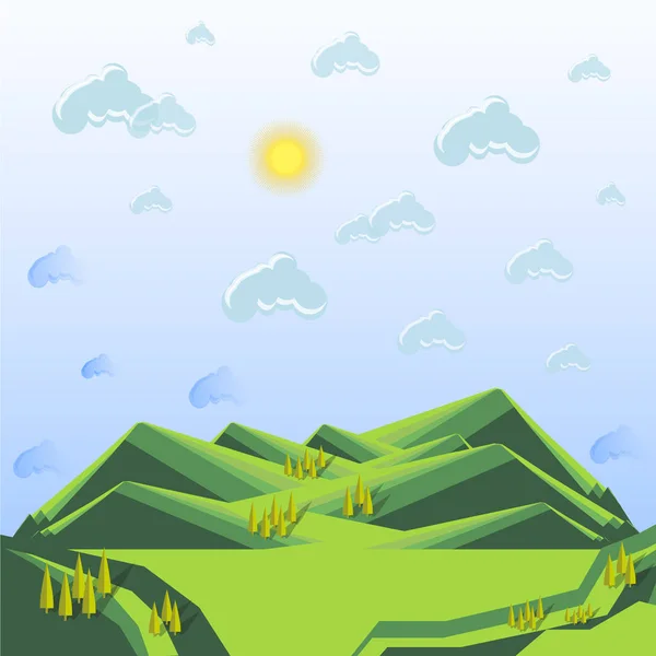 Paysage Vert Montagne Rayé Ciel Bleu Nuages Soleil Jaune Ipsum — Image vectorielle