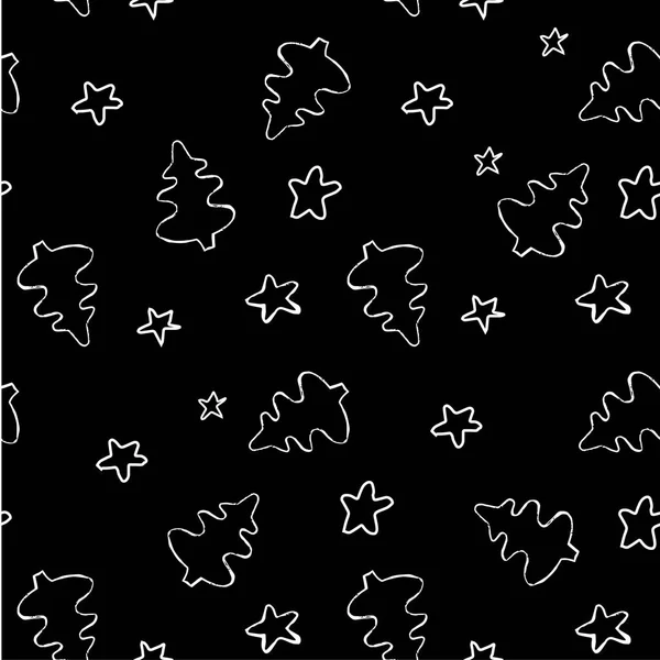 Seamless Winter Holiday Monochrome Pattern White Fir Tree Stars Black — Stock Vector