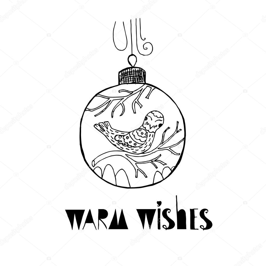 Typography winter holiday banner, unic lettering Warm Wishes, stylised bird on ball, scandinavian style monochrome design element for web, for print, textile, t-shirt print