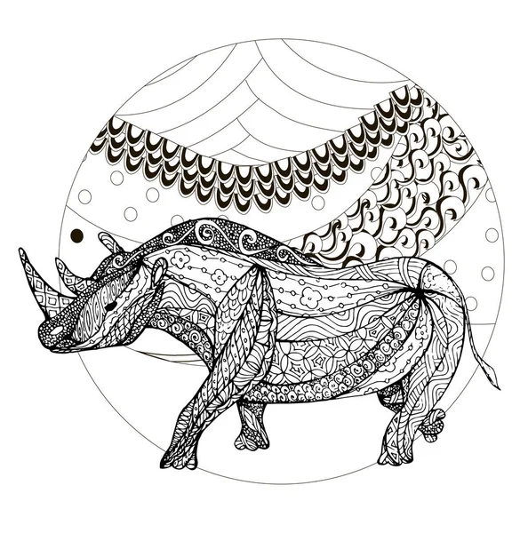 Noshörning Hill Monokrom Zentangle Stil Skiss Cirkel Design Element Lager — Stock vektor