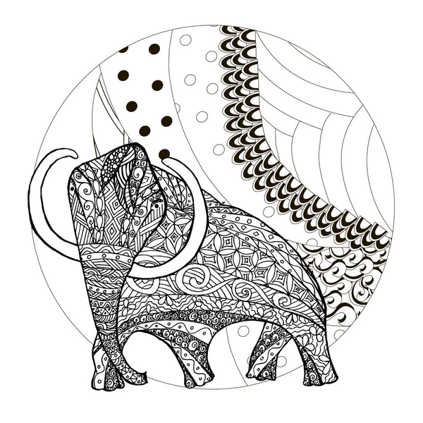Mammouth Sur Colline Monochrome Zentangle Style Croquis Cercle Conception Élément — Image vectorielle