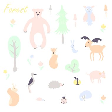 Sevimli hayvan ve bitki orman vektör renk karakterleri ayarlayın. Kroki tilki, tavşan, tavşan, ayı, köknar ağacı, çiçekler, mantar, büyük baştankara, kirpi, sincap, ağaçkakan, domuz, geyik, Ren geyiği, pastel mavi, pembe, yeşil, turuncu renkli baykuş. Orman hayvan doodle