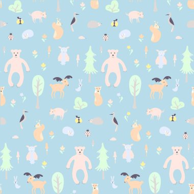 Vahşi orman seamless modeli. Sevimli hayvan ve bitki orman vektör renk karakter mavi. Tilki, tavşan, tavşan, ayı, çam ağacı, çiçekler, mantar, büyük baştankara, kirpi, sincap, ağaçkakan, domuz, geyik, Ren geyiği, baykuş pastel mavi, pembe, yeşil, o kroki