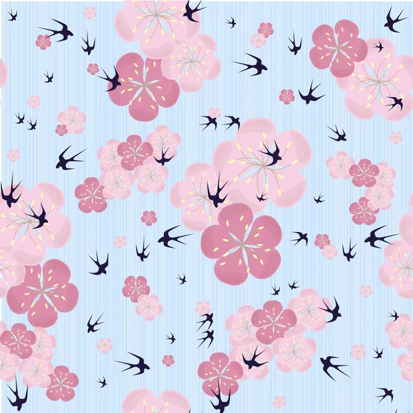 Seamless Sakura Flowers Background Pink Blooming Blue Swallow Design Element — Stock Vector