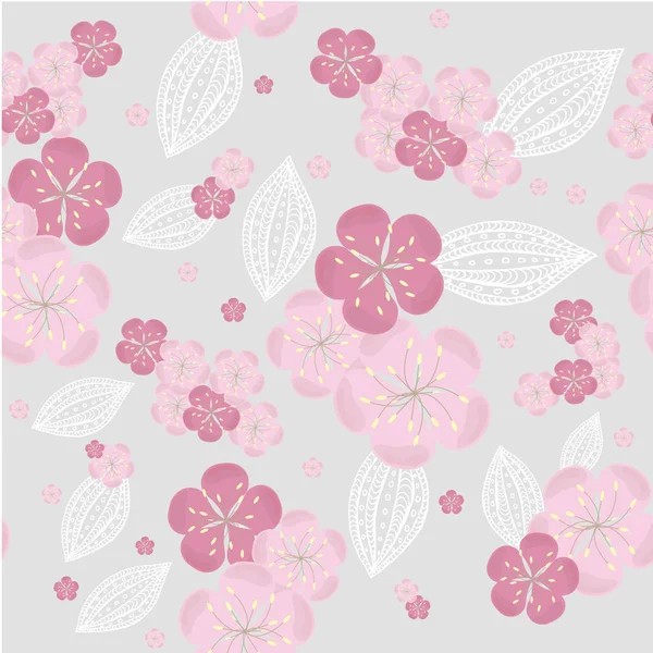 Nahtlose Sakura Blumen Hintergrund Rosa Blüte Auf Grau Ornament Weißen — Stockvektor