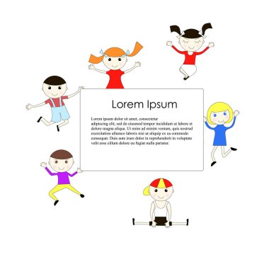 Neşeli çocuk beyaz arka plan, beyaz tahtada Lorem Ipsum, düz modern parlak arka plan tasarım öğesi, web, baskı için izole nesne ile zıplayan