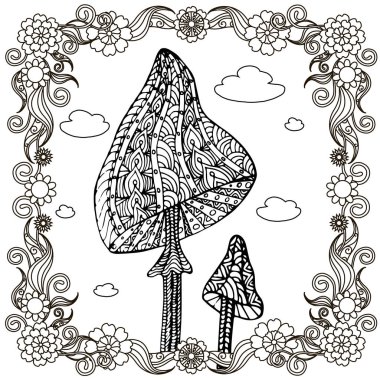Mantar karikatürler çerçeve çiçek kroki. Şirin doodle tarzı tek renkli tasarım öğesi hisse senedi vektör çizim web, baskı için