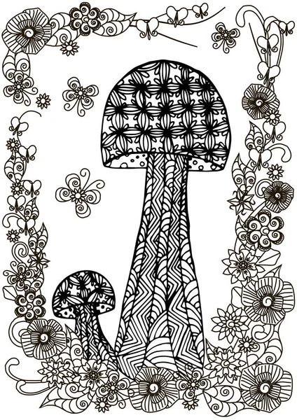 Desenho Desenhos Animados Cogumelos Moldura Floral Ilustração Monocromática Vetor Estoque — Vetor de Stock