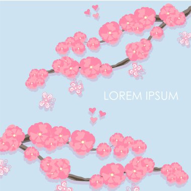 Sakura çiçek arka plan. Pembe, çiçekler, kelebek, kalp mavi, Lorem Ipsum. Tasarım öğesi hisse senedi vektör çizim