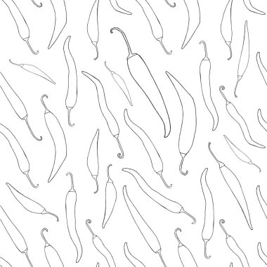 Red hot chili peppers elle çizilmiş tek renkli kroki seamless modeli. Baharat, siyah ve beyaz tasarım öğesi hisse senedi vektör çizim için web, baskı, ürün tasarımı, ambalaj tasarımı için baharat