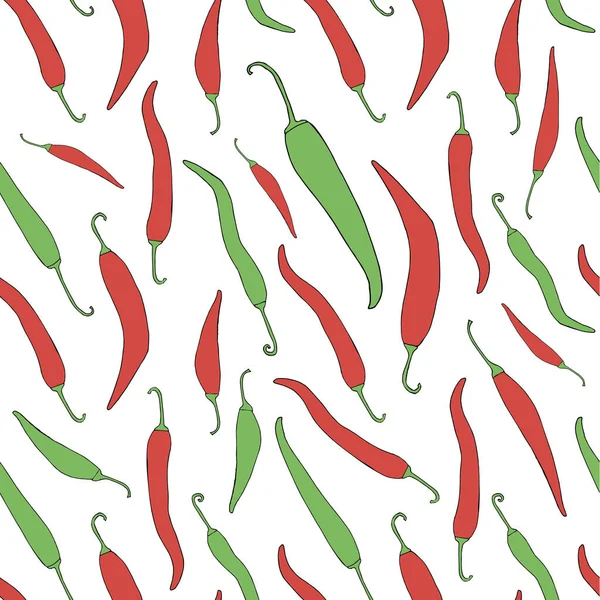 Rote Chilischoten Handgezeichnet Grün Und Rot Skizzieren Nahtlose Muster Gewürz — Stockvektor