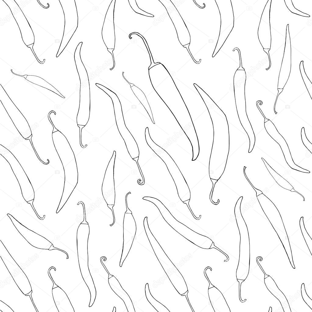 Red hot chili peppers hand drawn monochrome sketch seamless pattern. Seasoning, spice black and white design element stock vector illustration for web, for print, product design, packing design