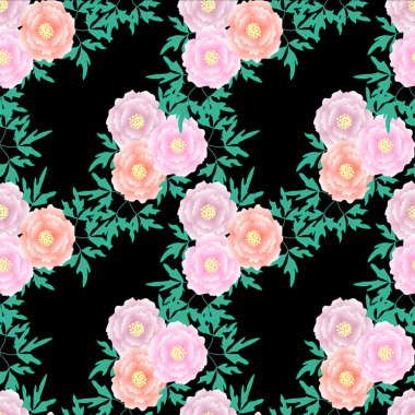 Ağaç şakayık Dikişsiz desen arka plan üzerinde siyah. Sulu boya pembe çiçekler, yeşil yaprakları öğe hisse senedi vektör çizim için baskı web tasarım