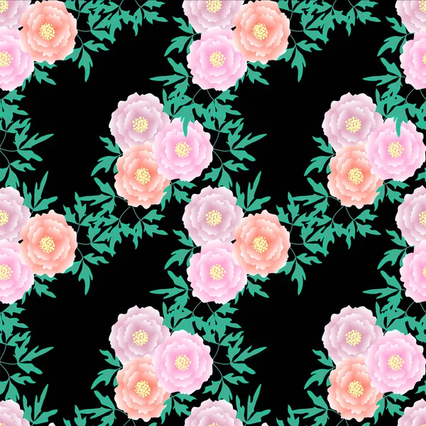 Ağaç şakayık Dikişsiz desen arka plan üzerinde siyah. Sulu boya pembe çiçekler, yeşil yaprakları öğe hisse senedi vektör çizim için baskı web tasarım