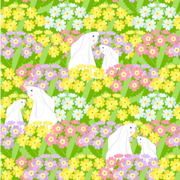 Первоцвет Белый Заяц Безмордый Узор Розовые Голубые Фиолетовые Весенние Цветы — стоковый вектор