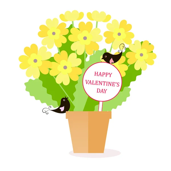 Feliz San Valentín Onagra Amarilla Hojas Verdes Negro Lovingbird Marrón — Vector de stock