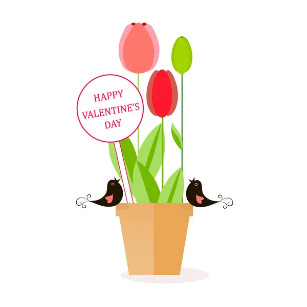 Happy Ημέρα Του Αγίου Βαλεντίνου Πανό Lovingbird Φύλλα Μαύρο Κόκκινο — Διανυσματικό Αρχείο