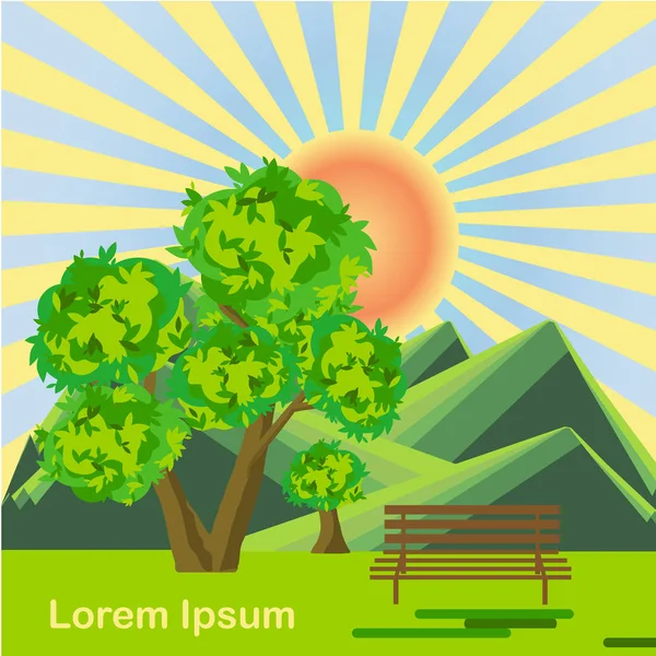 漫画背景 Lorem イプサムを風景します 緑の木 黄色い太陽の光 青い空 印刷用 Web 用フラット デザイン株式ベクトル — ストックベクタ
