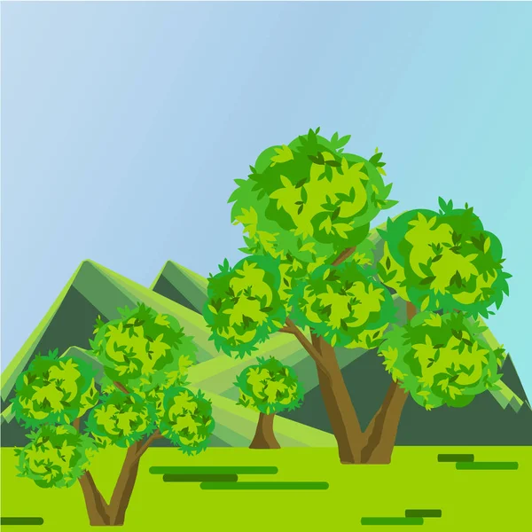 Мультфильмы Пейзажный Фон Зеленое Дерево Горное Голубое Небо Плоский Дизайн — стоковый вектор