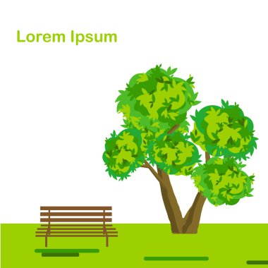 Çizgi film arka plan, Lorem Ipsum manzara. Yeşil ağaç, dağ, kahverengi beyaz bankta. Web, baskı için düz tasarlamak hisse senedi vektör