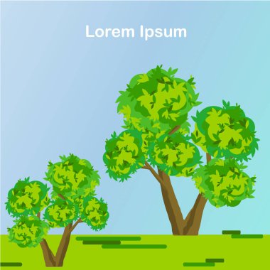 Çizgi film arka plan manzara. Yeşil ağaç Lorem Ipsum mavi gökyüzü üzerinde. Web, baskı için düz tasarlamak hisse senedi vektör