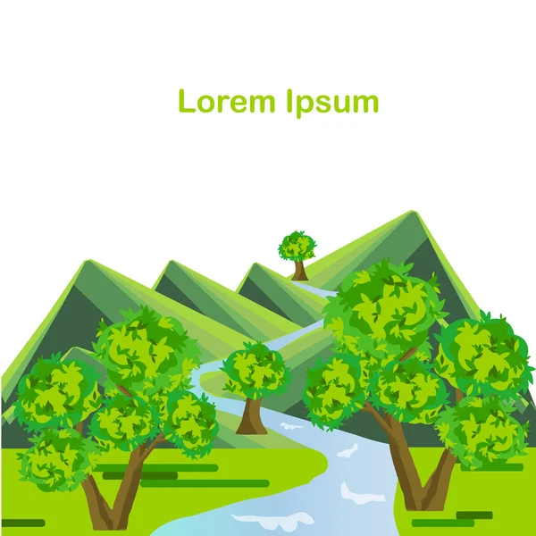 漫画背景 Lorem イプサムを風景します 緑の木 印刷用 Web 用フラット デザイン株式ベクトル イラスト — ストックベクタ