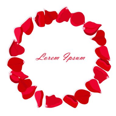 Gül yaprakları çelenk. Beyaz, Lorem Ipsum, gölgeler üzerinde kırmızı yaprakları daire. Web, baskı, düğün tasarım için tasarım öğesi hisse senedi vektör çizim