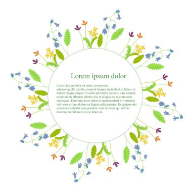 Çayır Lorem Ipsum romantik tek renkli kesintisiz arka plan, yuvarlak. Anahat mavi, sarı ve yeşil bitki hisse senedi vektör çizim tasarım öğesi hisse senedi vektör çizim web, baskı için