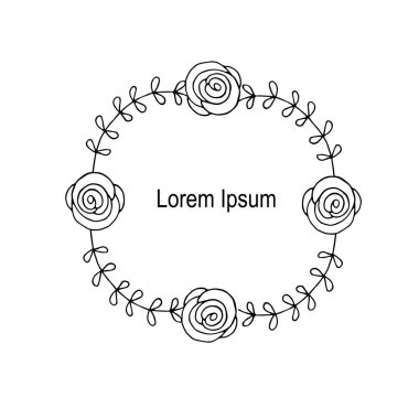 Ana hatlarını tek renkli çelenk, Lorem Ipsum, ince siyah çizgiler, dekoratif unsur hisse senedi vektör çizim tasarım öğesi web, pullar için prin için için