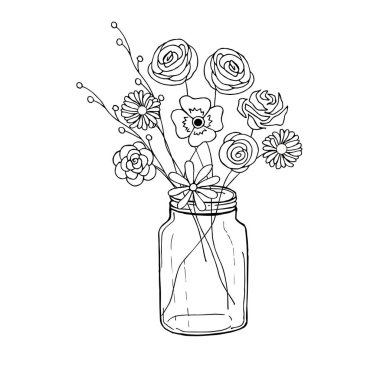 Kavanoza sevimli çiçek doodle. Tek renkli kroki güzel dekoratif bitki görüntü stok vektör çizim, boyama kitabı, antistress sayfa için baskı, web için