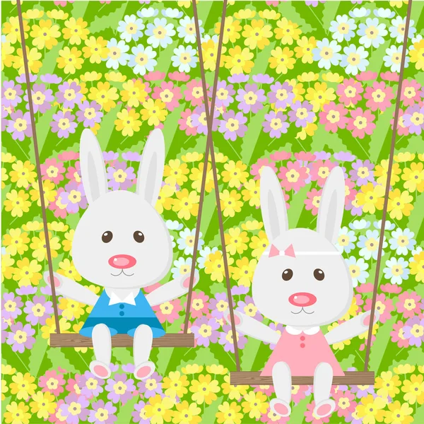 Cartoons Rabbit Swinging Yellow Pink Violet Primrose Green Leaves Background — Stock Vector