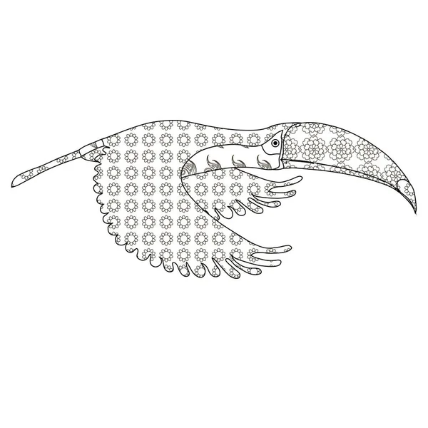 Doodle Pájaro Tucán Volando Página Para Colorear Antiestrés Diseño Monocromo — Vector de stock