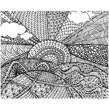 Güneş hills doodle gider. Tek renkli gösterim amacıyla web, baskı, eleman hisse senedi antistress sayfa tasarlamak vektör için