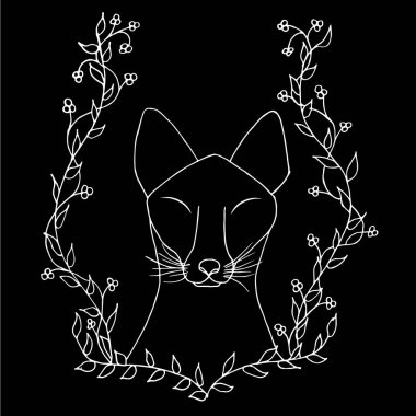 Panthera çerçeve çiçek içinde. Beyaz siluet siyah. Tek renkli elle çizilmiş gösterim amacıyla t-shirt tasarım, web, baskı için